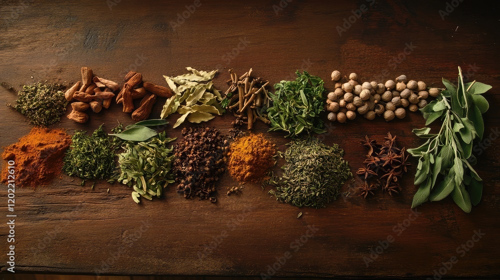 Poster Assorted spices and herbs arranged on a wooden surface with copy space for text