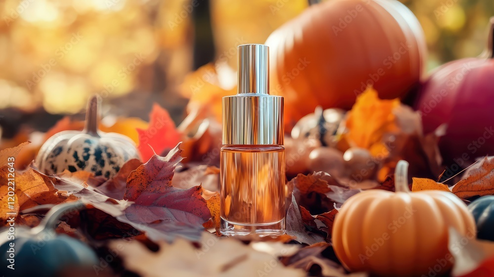 Aufkleber autumn themed still life with perfume bottle surrounded by colorful leaves and pumpkins with copy sp