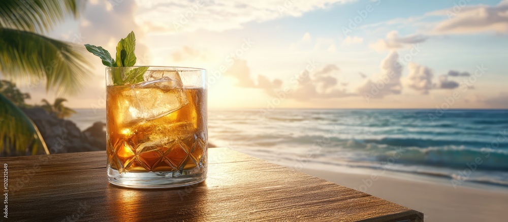 Poster glass of whiskey with ice and mint on wooden table by the beach at sunset with ocean view copy space