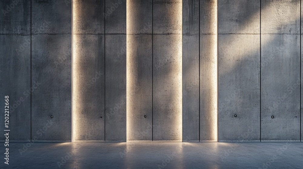 Poster concrete wall with vertical light strips and smooth flooring in modern architectural setting featuri