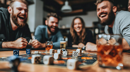 Friends enjoying a lively board game night with drinks and laughter in a cozy indoor setting