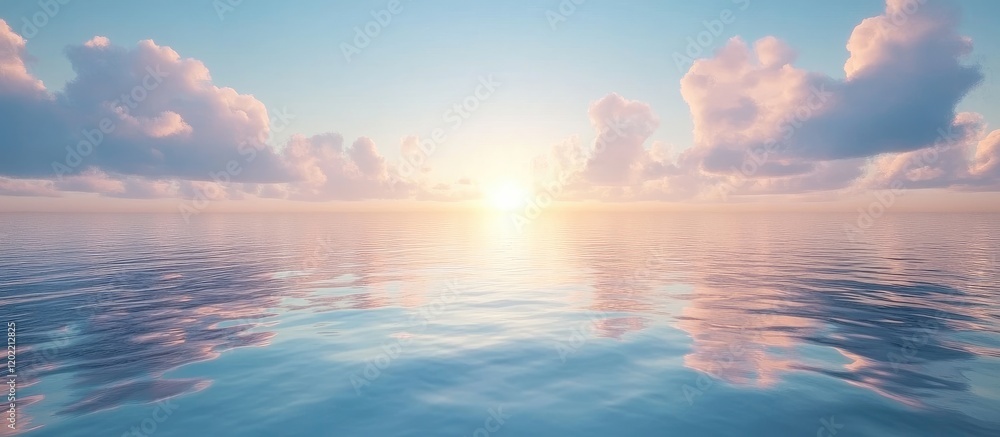 Aufkleber Sunset over tranquil ocean waters with pastel clouds reflecting on the surface and ample copy space for text.