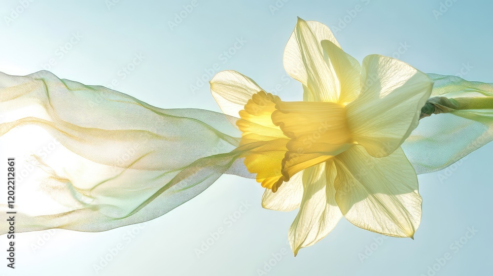 Poster daffodil flower with translucent fabric against a light background showcasing fine details and textu