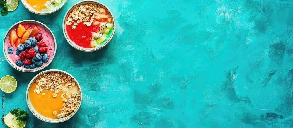 Poster colorful healthy smoothie bowls with fresh fruits and nuts on turquoise background with copy space f