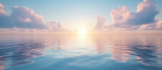 Obraz premium Sunset over tranquil ocean waters with pastel clouds reflecting on the surface and ample copy space for text.