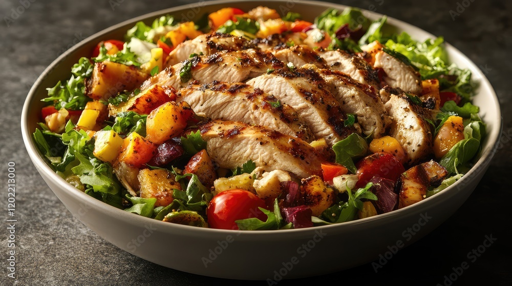 Poster grilled chicken salad with mixed vegetables and herbs in a bowl on a dark textured background copy s