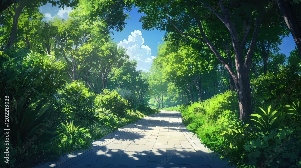 Aufkleber lush green forest path with sunlight filtering through trees creating a tranquil outdoor scene copy 
