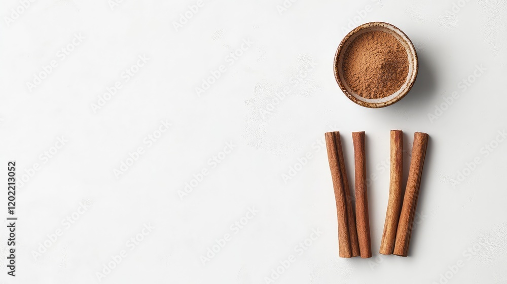 Poster cinnamon powder in a bowl with cinnamon sticks on a white background with ample copy space for text.