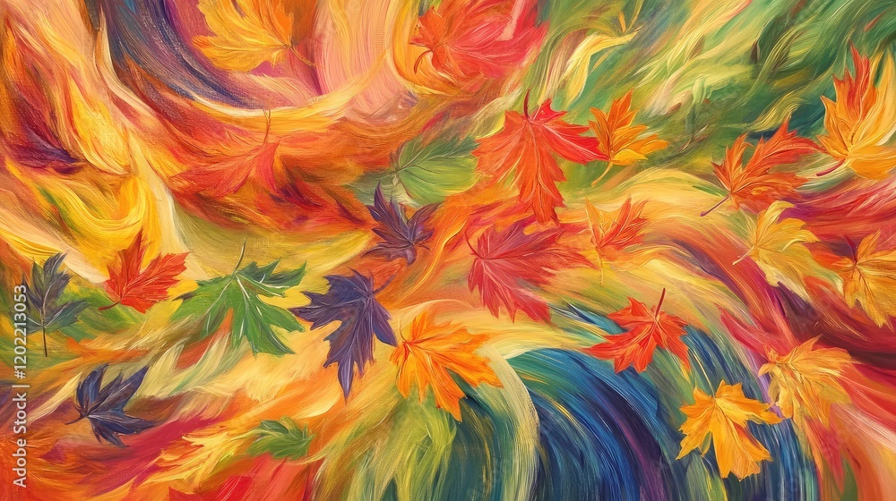 Poster Colorful Abstract Swirling Leaves Pattern with Autumn Foliage and Copy Space for Text