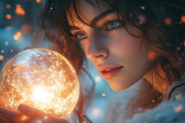 Naklejka premium mystical woman standing in twilight, her intense gaze directed at a glowing crystal ball, surrounded by swirling energies, evoking a sense of prophecy and spiritual connection