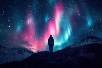 Fototapeta premium mystical mountain path under aurora-filled sky, lone wanderer silhouetted against cascading stars, ethereal nightscape
