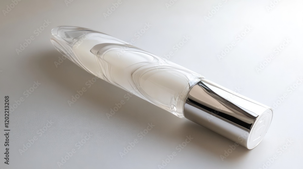 Poster Transparent perfume bottle with silver cap on a light background with Copy Space for branding or text placement