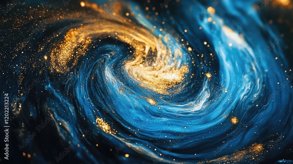 Poster Abstract cosmic swirl with golden and blue hues resembling a galaxy with sparkling elements and shallow depth of field Copy Space
