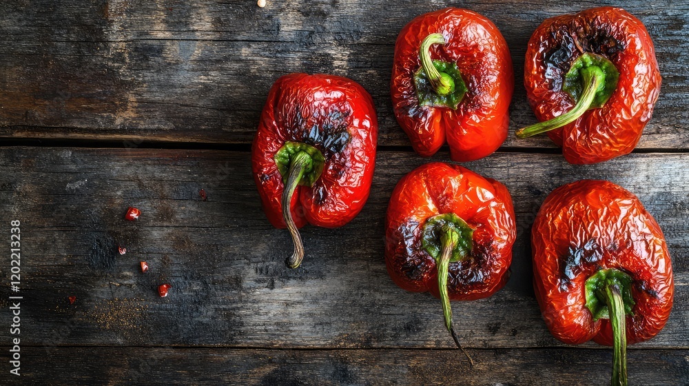 Poster roasted red bell peppers on rustic wooden background with copy space for text