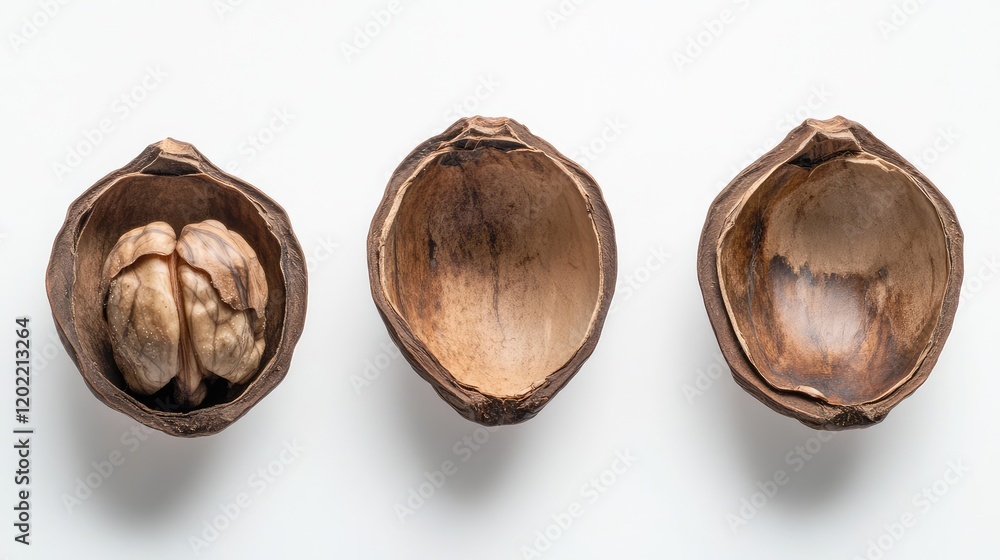 Poster Cross-section of walnut shells displayed on a white background showcasing the inner nut, empty shells, and copy space for text.