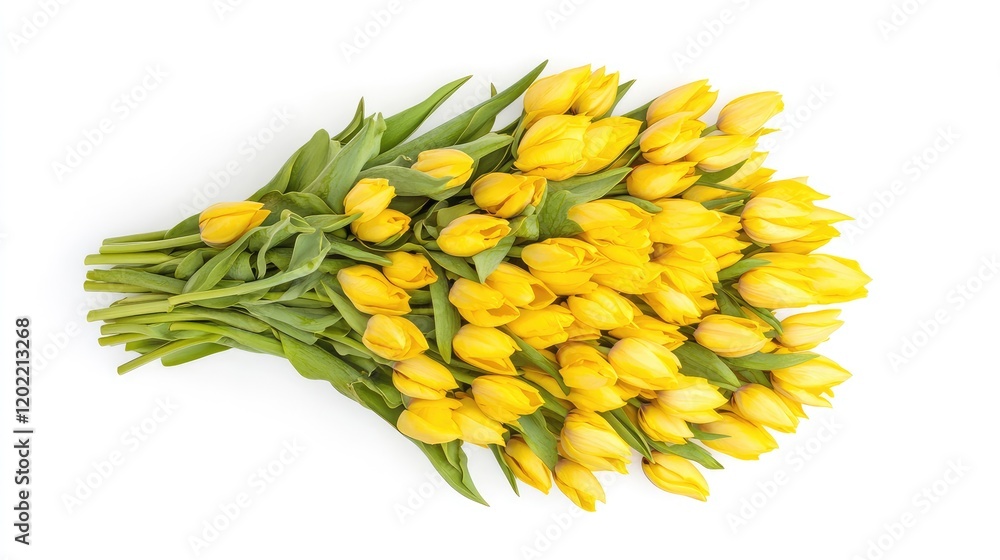 Poster fresh yellow tulips bouquet with green leaves on white background and ample copy space for text or g