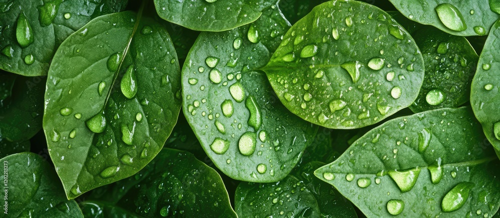 Aufkleber close-up of green leaves with water droplets on surface showcasing texture and freshness copy space