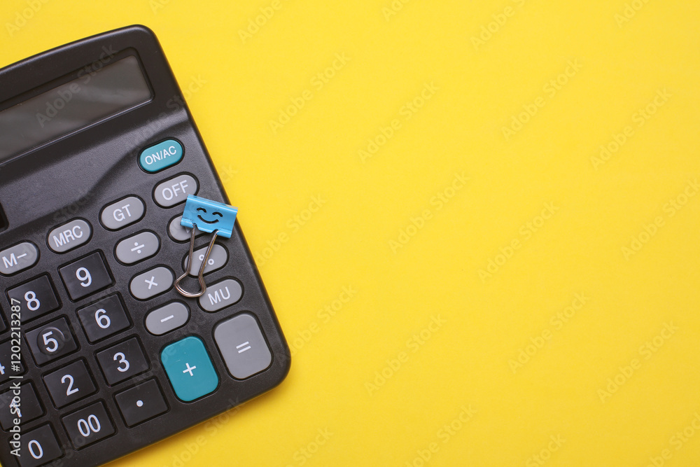 Poster calculator with smiling binder on yellow background