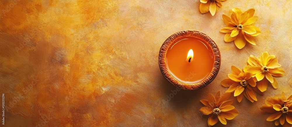 Aufkleber orange candle surrounded by yellow flowers on a textured golden background with copy space for text.