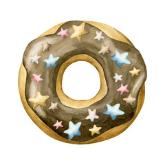 Donut . Chocolate glaze doughnut with coloful star sprinkles. Watercolor hand painted sweet food dessert illustration