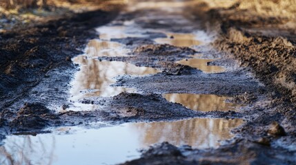 Mud path with puddles in rural area featuring wet soil and muddy ground textures with blurred background and Copy Space