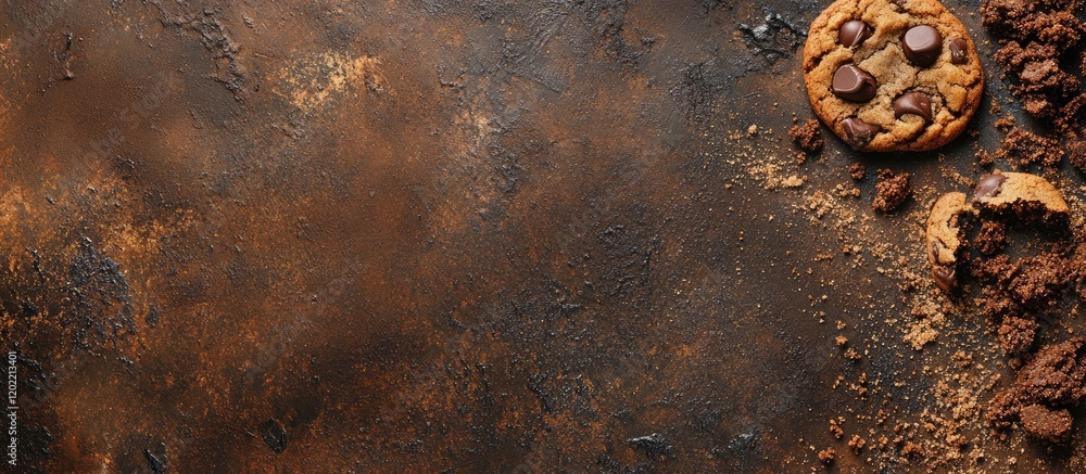 Aufkleber Chocolate chip cookies on dark textured surface with crumbs and copy space for text