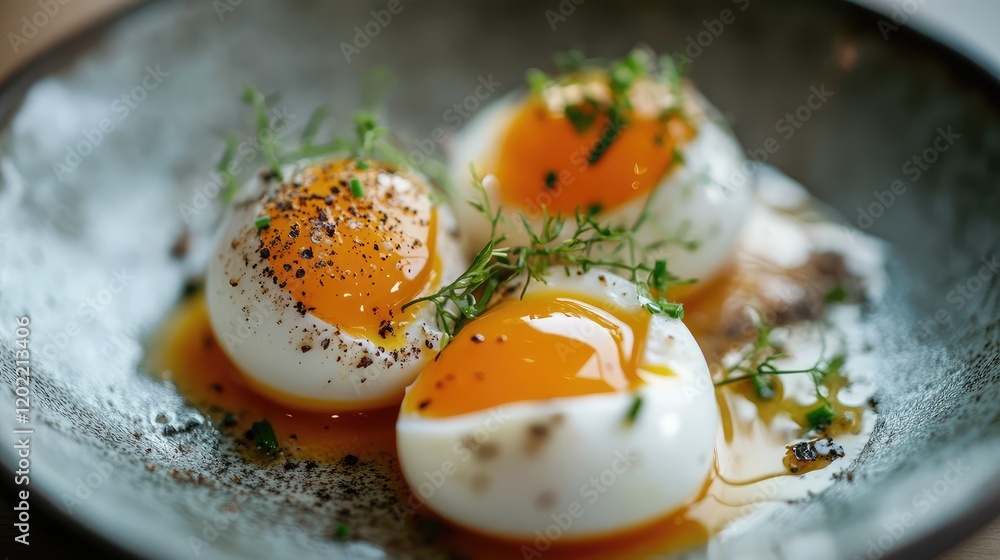 Poster three poached eggs with runny yolks garnished with herbs and black pepper in a gray dish on a wooden