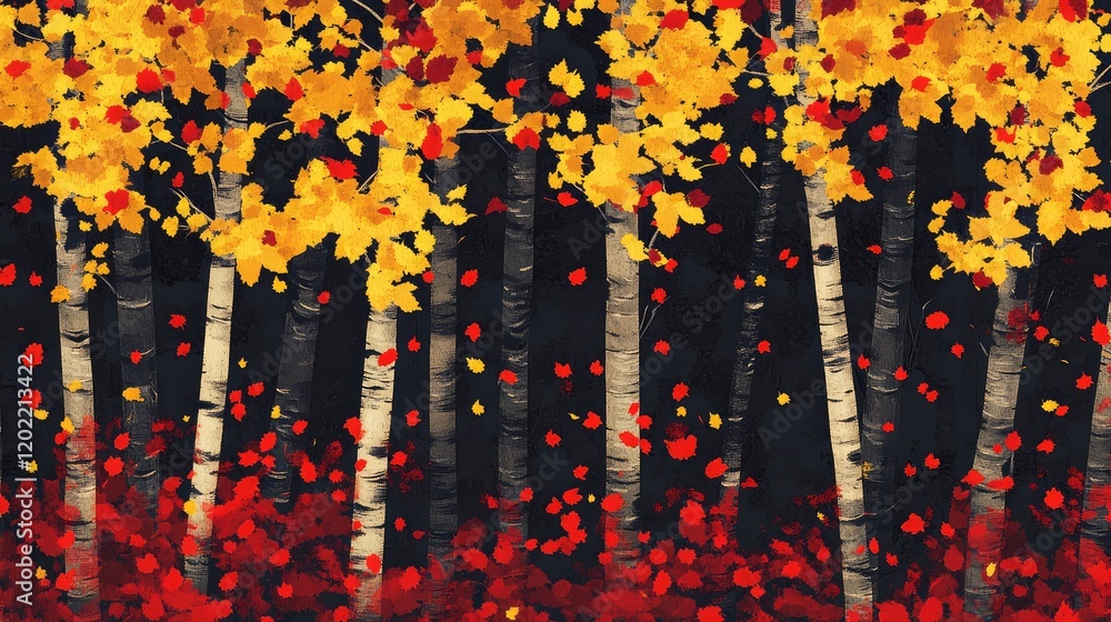 Poster autumn forest scene with yellow and red leaves on trees and black background suitable for nature the