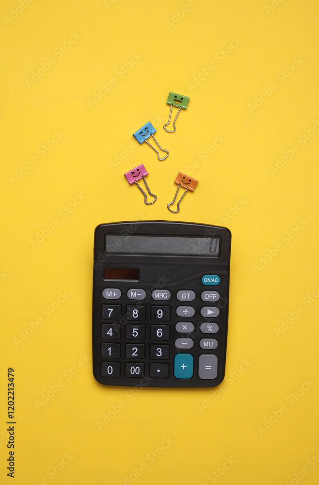 Poster calculator with smiling binders on yellow background
