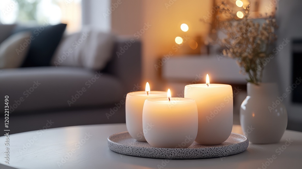 Aufkleber three white candles in decorative holders with a soft glow on a coffee table in a cozy living room s