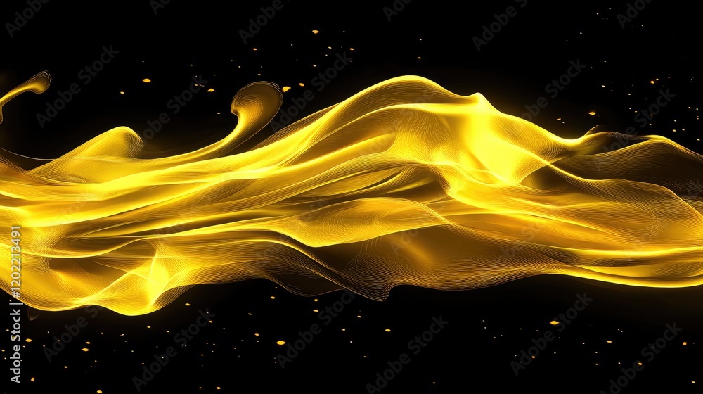 Leinwandbilder Golden fluid waves with soft motion on a black background featuring particles and copy space for text placement