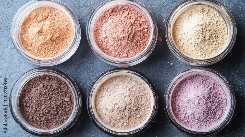 Poster Colorful array of cosmetic powders in clear jars on a dark surface with Copy Space for text placement