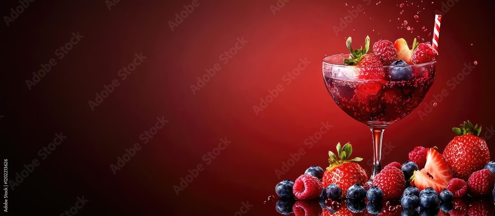 Poster Fresh cocktail with mixed berries in glass on red background with copy space for text