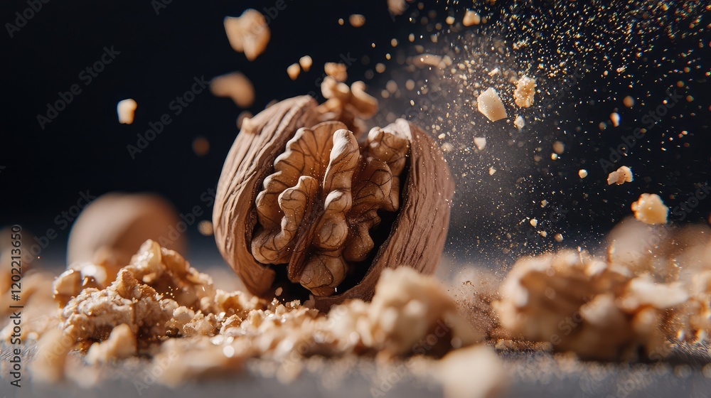 Poster Close-up of cracked walnut with scattered pieces and dust on a dark background showing texture and detail Copy Space