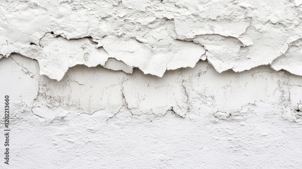 Aufkleber peeling white paint on a textured wall showing layers of deterioration and cracks with copy space fo