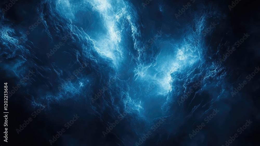 Poster dark and moody abstract clouds with blue tones and dramatic light contrasts, suitable for background