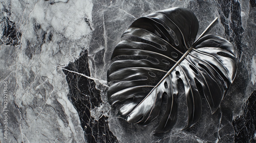 Poster black monstera leaf on dark marble background with copy space for text