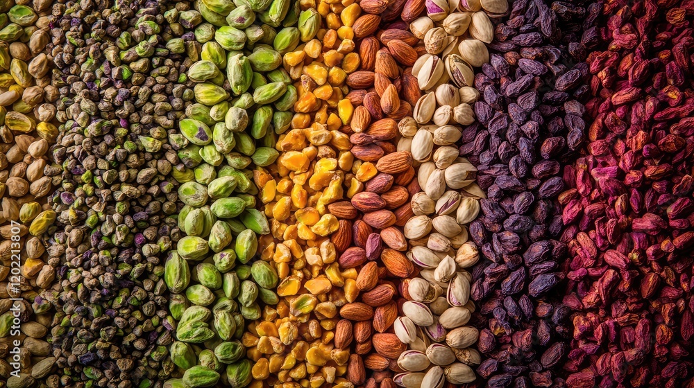 Poster Colorful assortment of various nuts and seeds arranged in stripes with Copy Space for text placement.