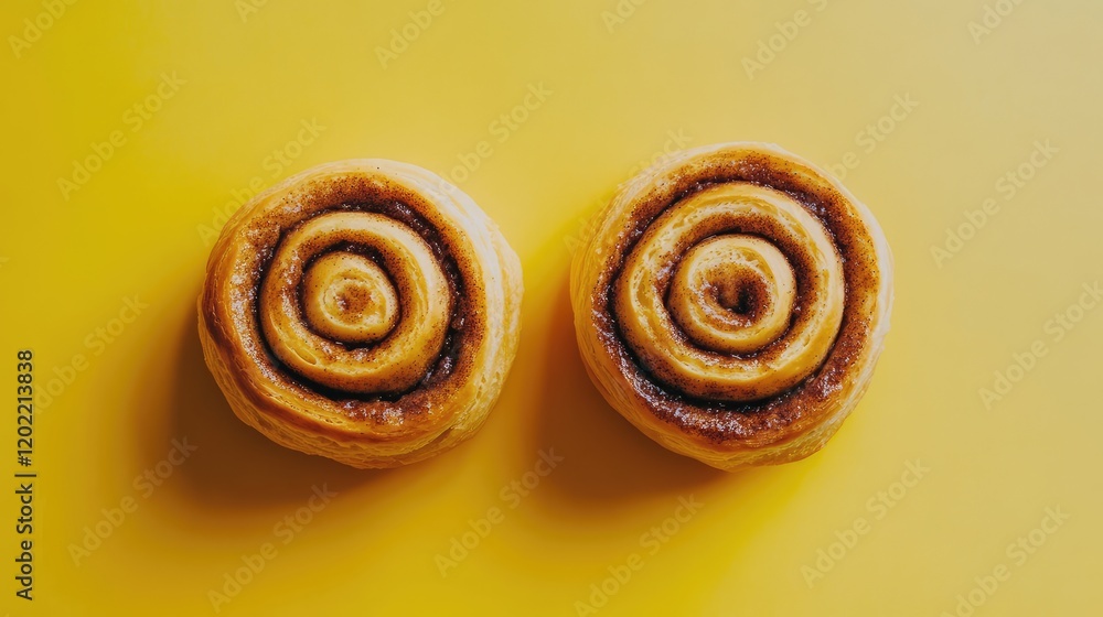 Poster Two freshly baked cinnamon rolls on a yellow background with ample copy space for text placement.
