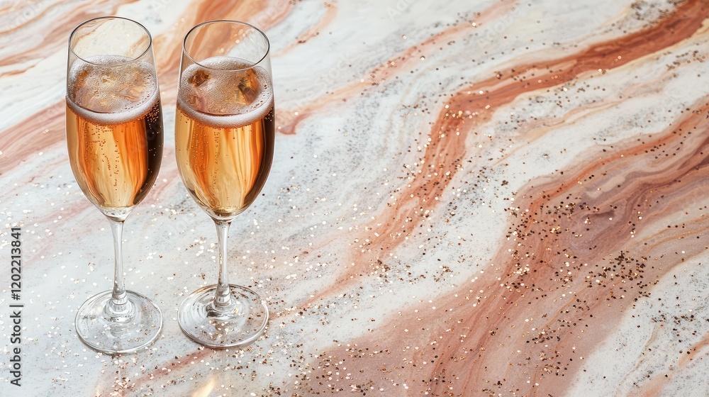 Poster two elegant champagne flutes filled with sparkling wine on a marbled surface with glitter, featuring