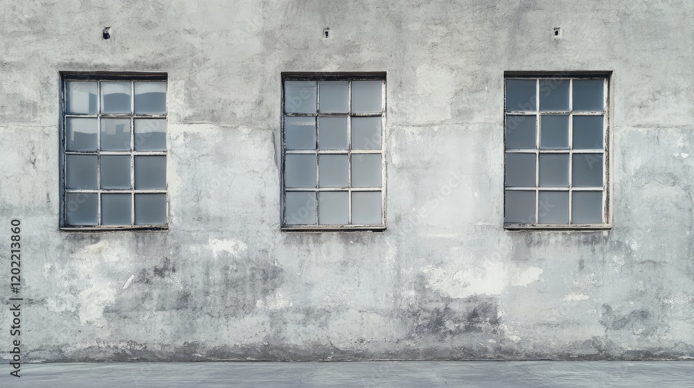 Poster three vintage industrial windows on a weathered concrete wall with ample copy space for text placeme