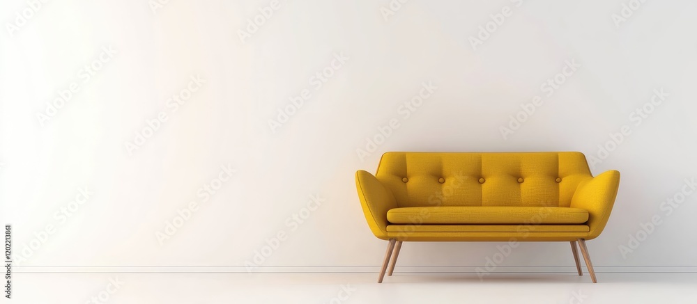 Poster modern yellow sofa against a plain white wall with ample copy space for text placement.
