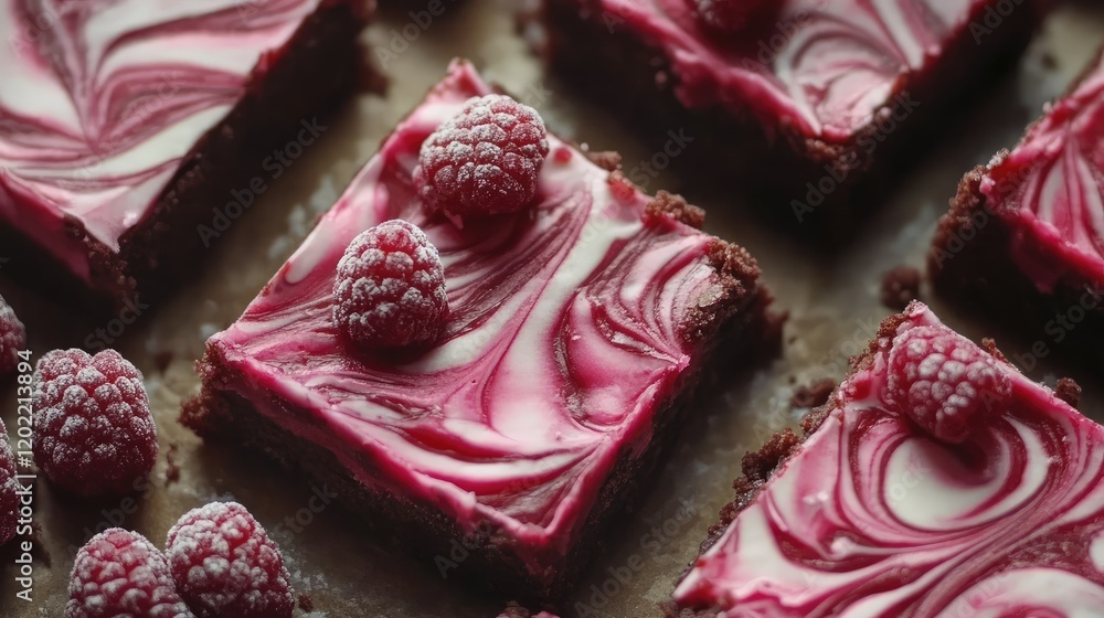 Aufkleber Raspberry marble cheesecake brownies arranged on a textured surface with fresh raspberries on top and copy space available