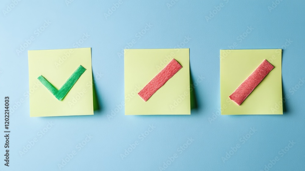 Poster colorful sticky notes with green check and red cross symbols on blue background copy space