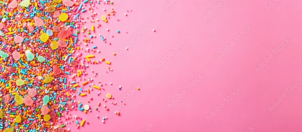 Poster Colorful confetti and sprinkles scattered on a pink background with ample Copy Space for text placement