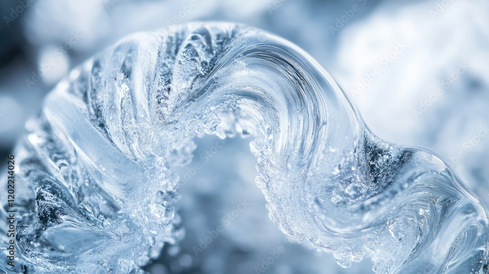 Leinwandbilder macro close-up of clear ice swirl on blue background with bubbles and reflections copy space
