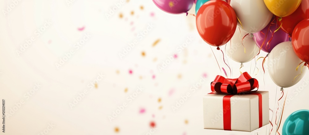 Poster Colorful balloons with a gift box suspended beneath them on a light background with confetti and ample copy space for text.