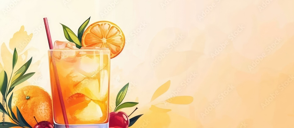 Aufkleber fresh fruit cocktail with oranges and cherries in a glass against a pastel background with ample cop