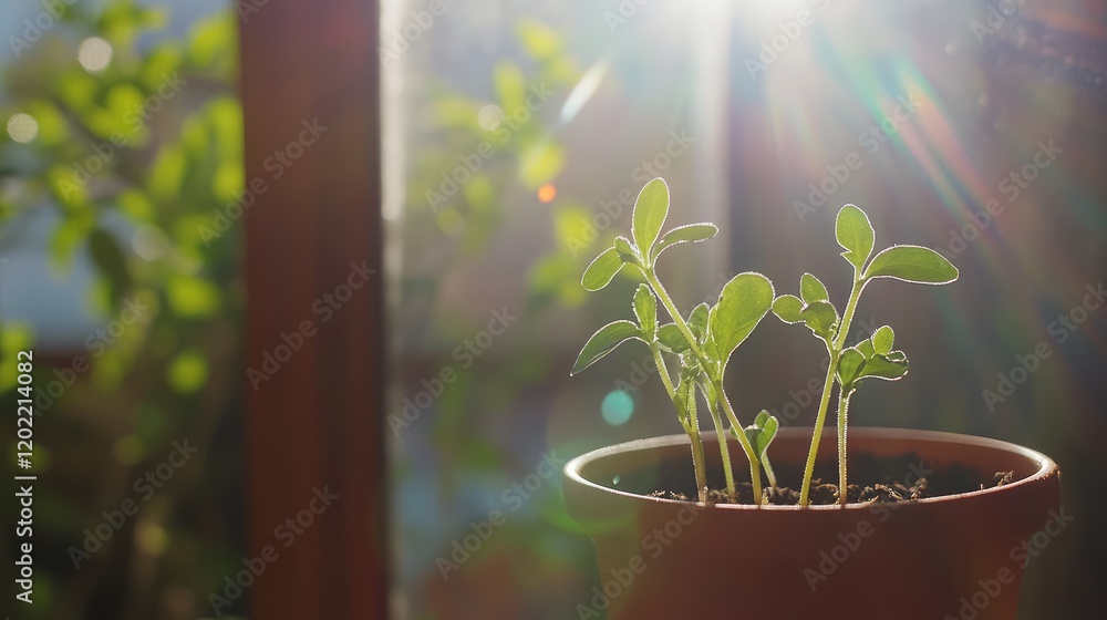 Aufkleber young green seedlings growing in a pot with sunlight streaming through a window creating a warm and 