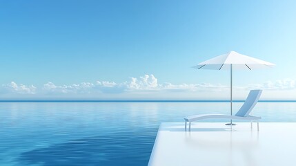 Oceanfront chaise lounge, umbrella, sunny sky, relaxation